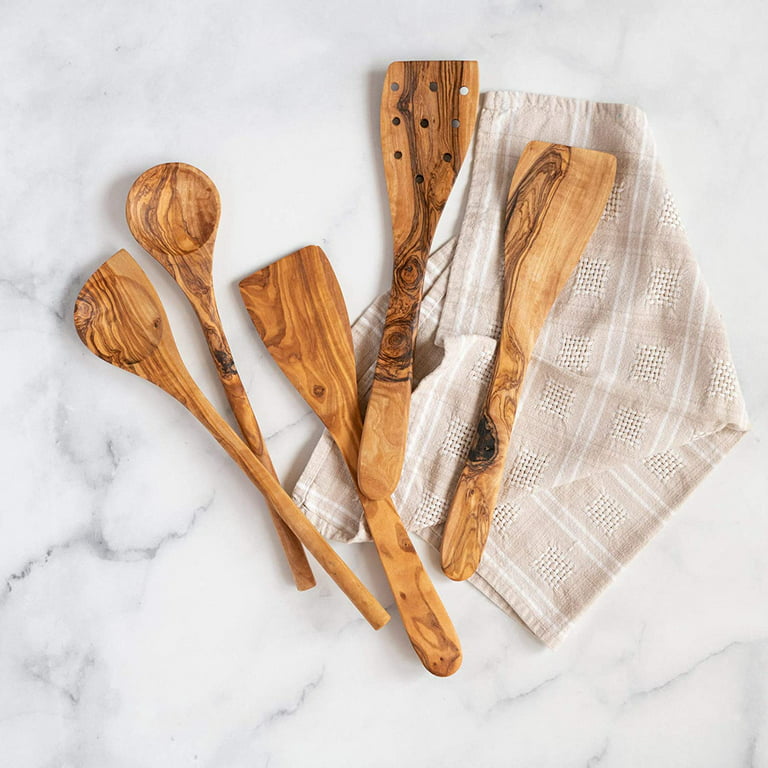 Tramanto Olive Wood Utensil Set 5 Piece Spatula and Spoon 12 inch Luxury Kitchen