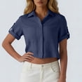 thumbnail image 4 of Craaazy Women Casual Tops Cropped Fit Solid Color Turn Down Collared Button Down Patch Pocket Short Sleeve Cotton Linen Blouses for Summer Daily Wear Gift, 4 of 7