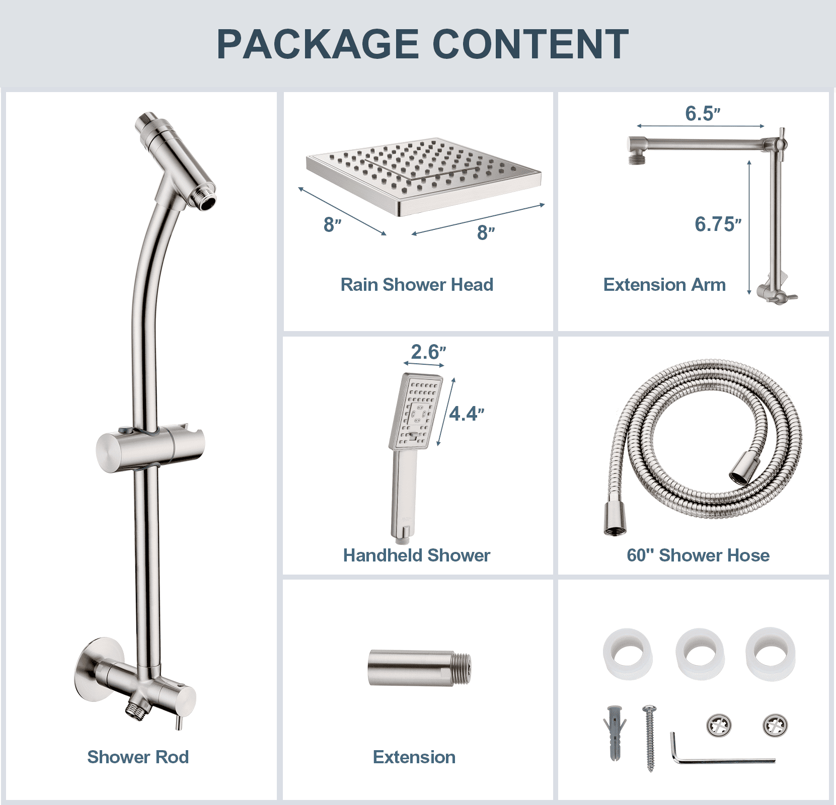 BRIGHT SHOWERS Rain Shower Heads System, Rainfall Shower Head with Handheld Spray Combo Includes Solid Brass Slide Bar, Height Adjustable Holder, Shower Extension Arm and 60" Hose, Brushed Nickel