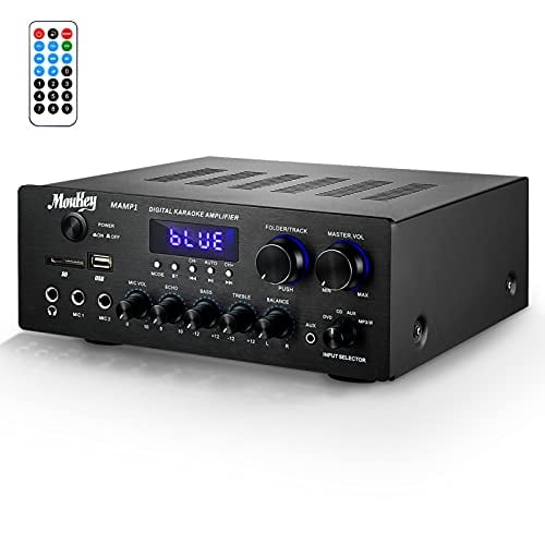 Amplificador de audio estereo para hogar Moukey Bluetooth 5.0 220W 2 canales USB SD AUX MIC con eco LED MAMP1