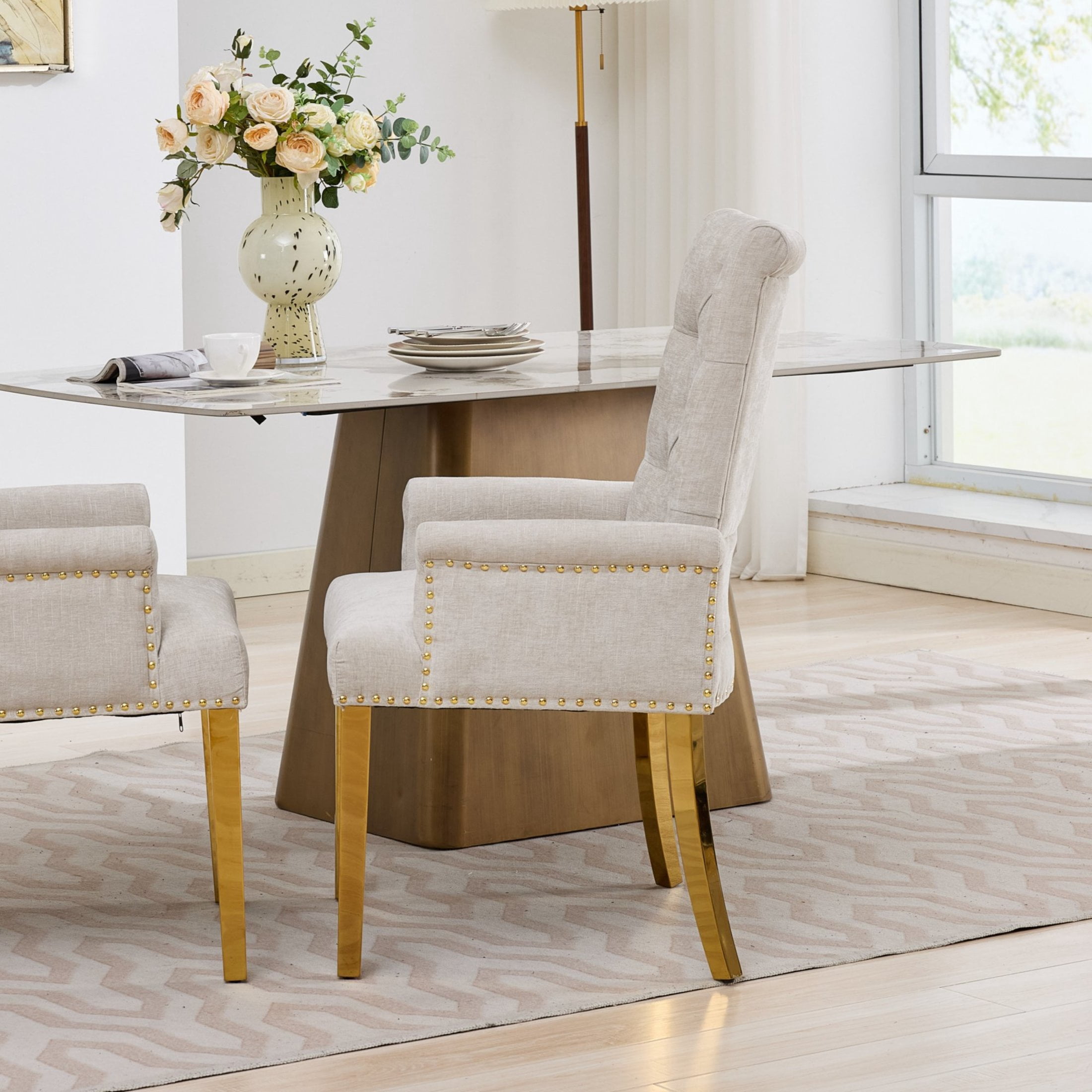 GDF Studio Upholstered Dining Chair with Button-Tufted Back, Nailhead Trim, Stainless Steel Legs, Beige