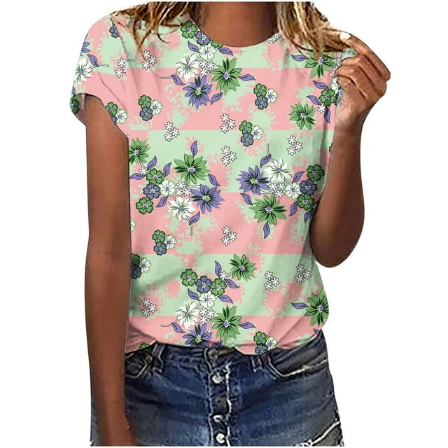 LMKIHUSA Hauts d'Été pour Femmes Coupe Ample Tunique Imprimé Floral Manches Courtes Col Rond Chemises Décontractées Tendance Été 2025 Hauts Vert,P