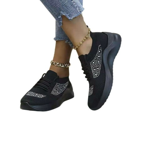 

WEARELLAS Womens Mesh Rhinestone Lace Up Sneakers Breathable Sports Gym Running Comfy Casual Trainers Shoes