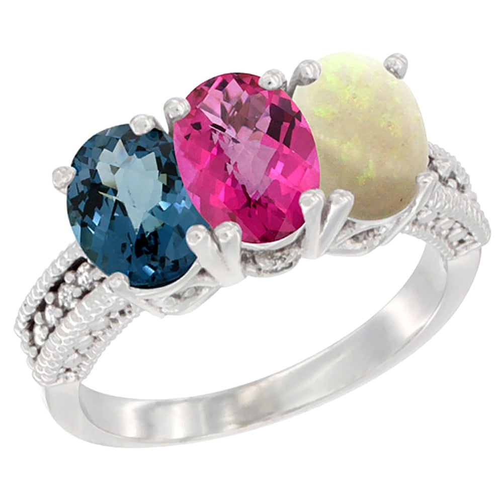 10K White Gold Natural London Blue Topaz, Pink Topaz & Opal Ring 3-Stone Oval 7x5 mm Diamond Accent, sizes 5 10 by WorldJewels