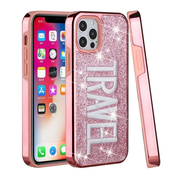 For Apple iPhone 13 Pro (6.1") Luxury Bling Glitter Shiny Chrome with Embroidery Hybrid Hard PC Frame Pink Cover ,Xpm Phone Case [ TRAVEL ]