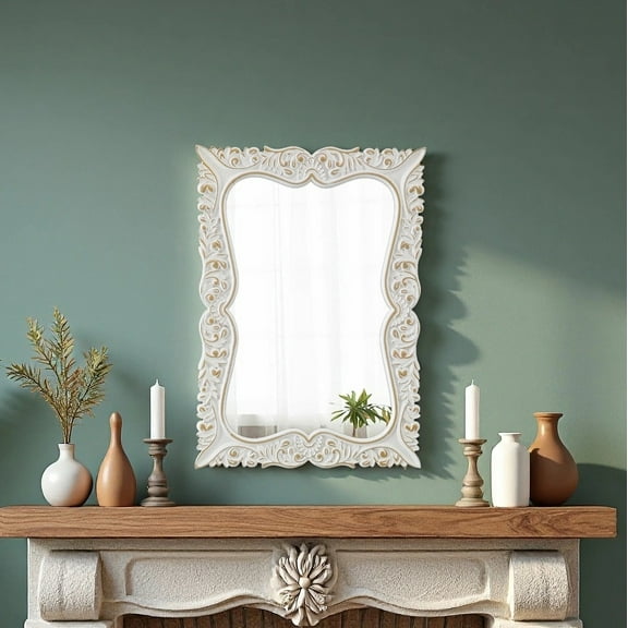 Sintosin Vintage Wall Mirror 20x27 inch, Antique Square Carved Frame with Distressed White, Gothic Decorative Hanging Mirror for Bathroom Living Room