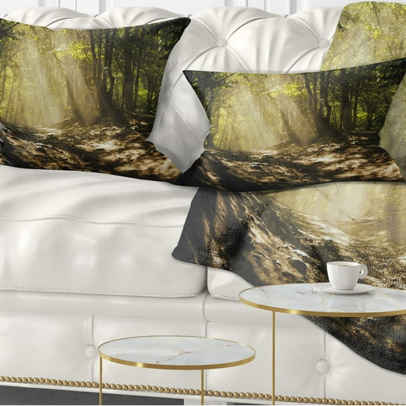Designart Sun Rays Through Green Trees - Landscape Photography Throw Pillow - 12x20