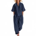 thumbnail image 2 of Gamivast Linen Two Piece Outfits Womens Half Sleeve Henley V-Neck Linen Tops and High Waisted Wide Leg Flowy Linen Pants Lightweight Breathable with Pockets Summer Beach Vacation Lounge Wear, 2 of 8