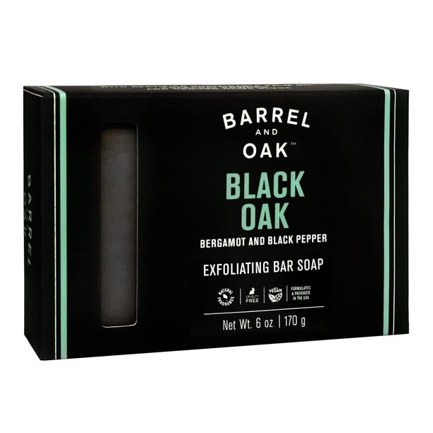 Barrel & Oak Jabón en barra exfoliante para hombres Arcilla de caolín con carbón Polvo de cáscara de nuez Piedra de oliva y aceites esenciales Jabón en barra de larga duración Vegano Sin SLS Roble neg