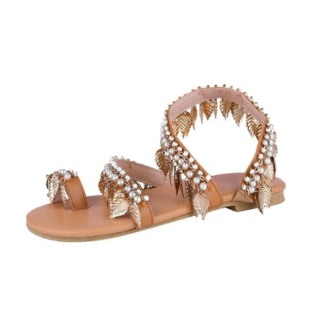 

Sandals Metal Leaves Beaded Toes Round Head Low Heels Sandals Women s Shoes