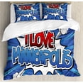 thumbnail image 1 of Minnesota Duvet Cover Set Queen Size, Comic Style I Love Minneapolis Lettering on Blast Effect Background, Decorative 3 Piece Bedding Set with 2 Pillow Shams, Vermilion Pale Blue Blue, by Ambesonne, 1 of 3