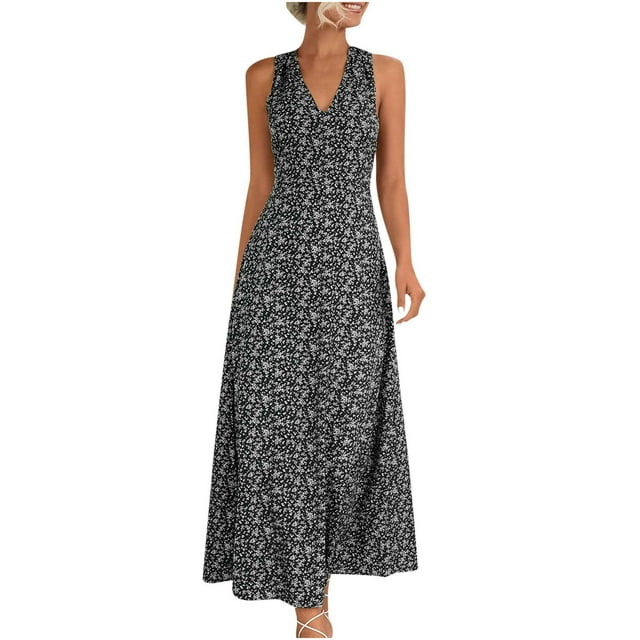 RKSTN Robe d'Été pour Femmes, Mode Décontractée Col en V Sans Manches Robe Imprimée Robes de Plage Robes Grande Taille pour Femmes