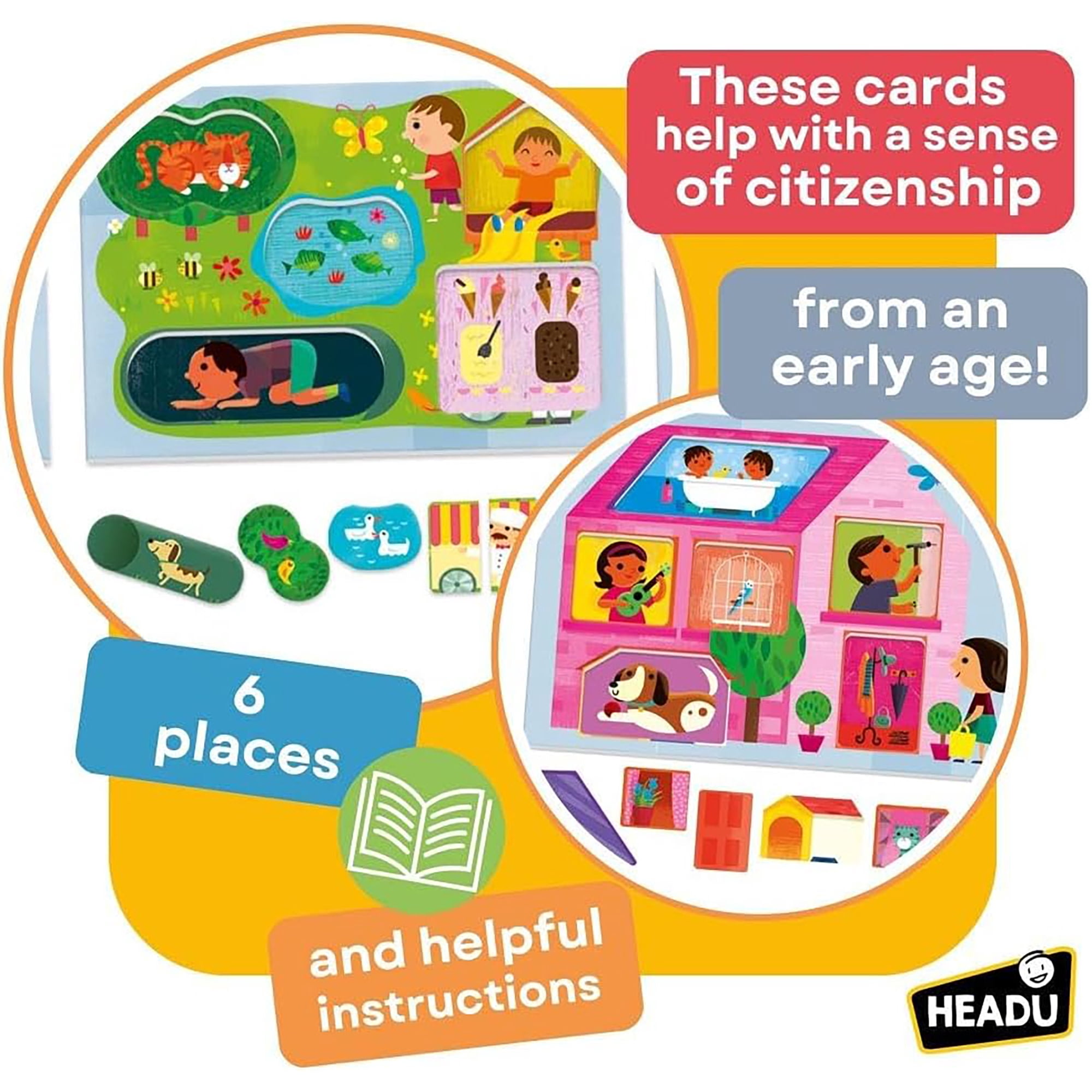 Headu: Play Town Montessori - Matching Game, Object & People Reveal, Pair Oversized Tiles To City Scene Cards, Shapes Puzzle Activity, Toddlers 2-4