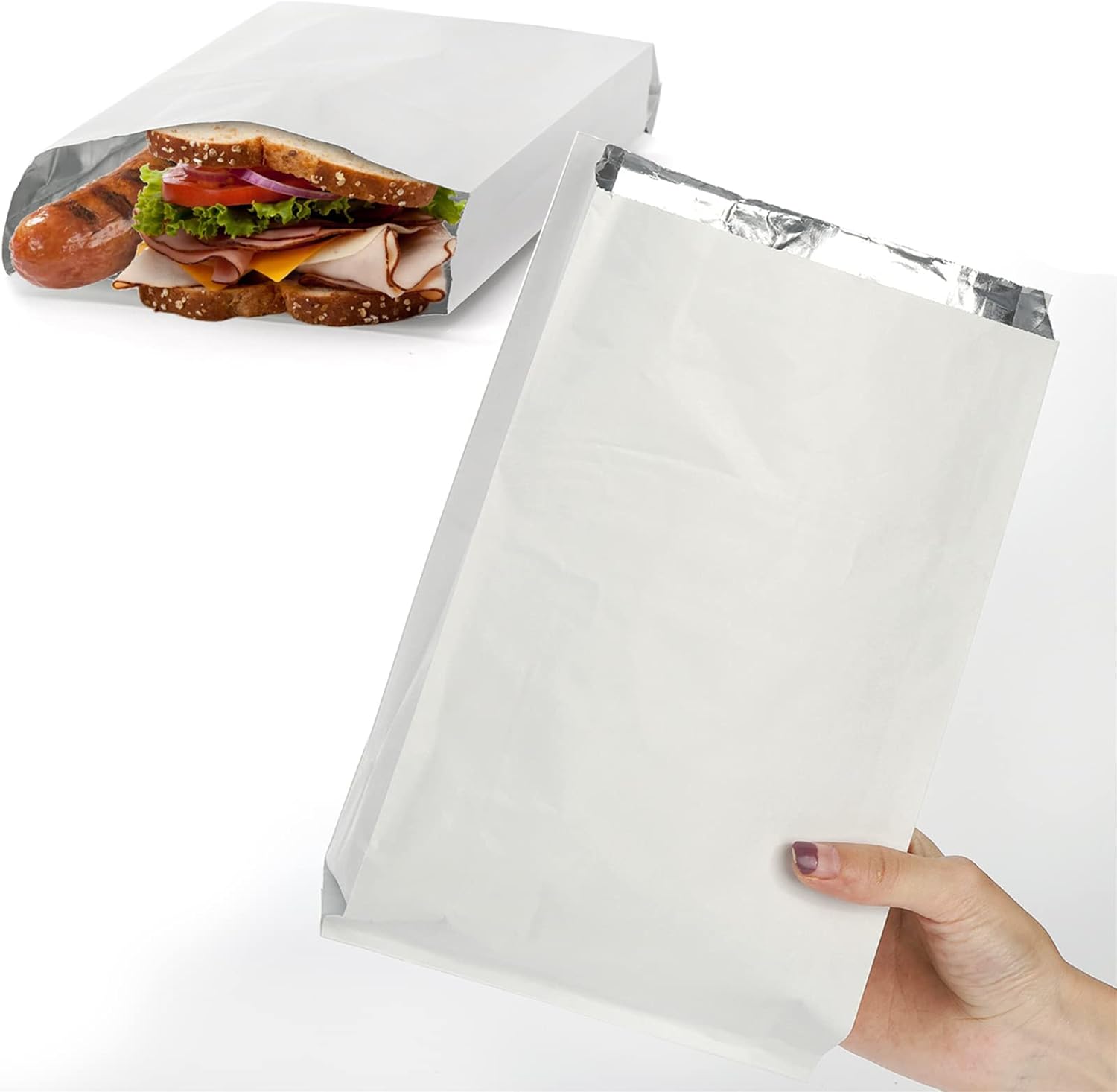 150 Pack Foil Hamburger Wrappers, 4 LB Insulated Aluminum Foil Sandwich Wrap Sleeves, Grease Resistance Paper Foil Hot Dog Bags for Fast Food, Food Truck, Serving, BBQ, 6.3" x 1.5" x 10"