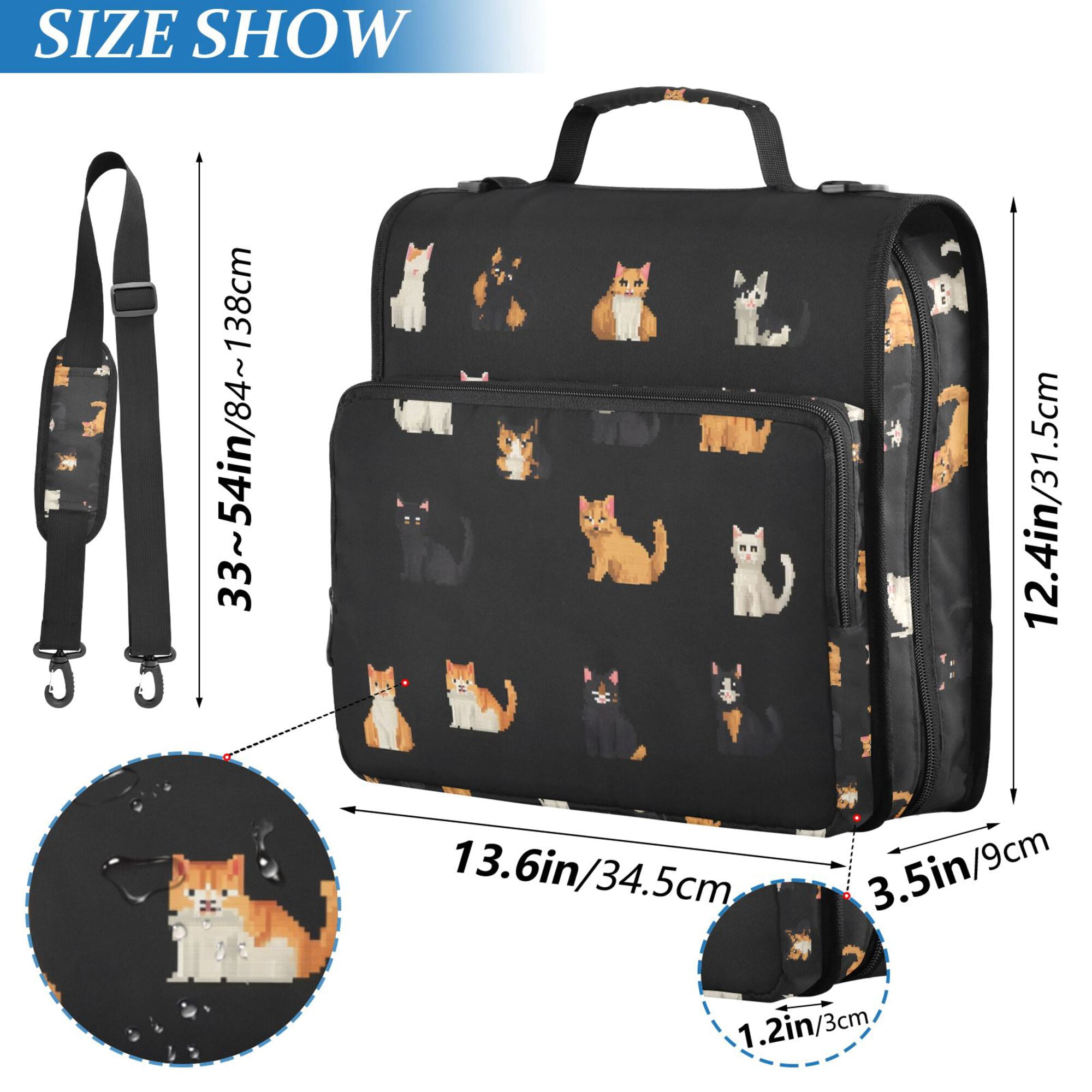 FORMRS Zipper Binder with Shoulder Strap 2-inch Ring 500 Sheet Capacity File Bag, Pixel Cat
