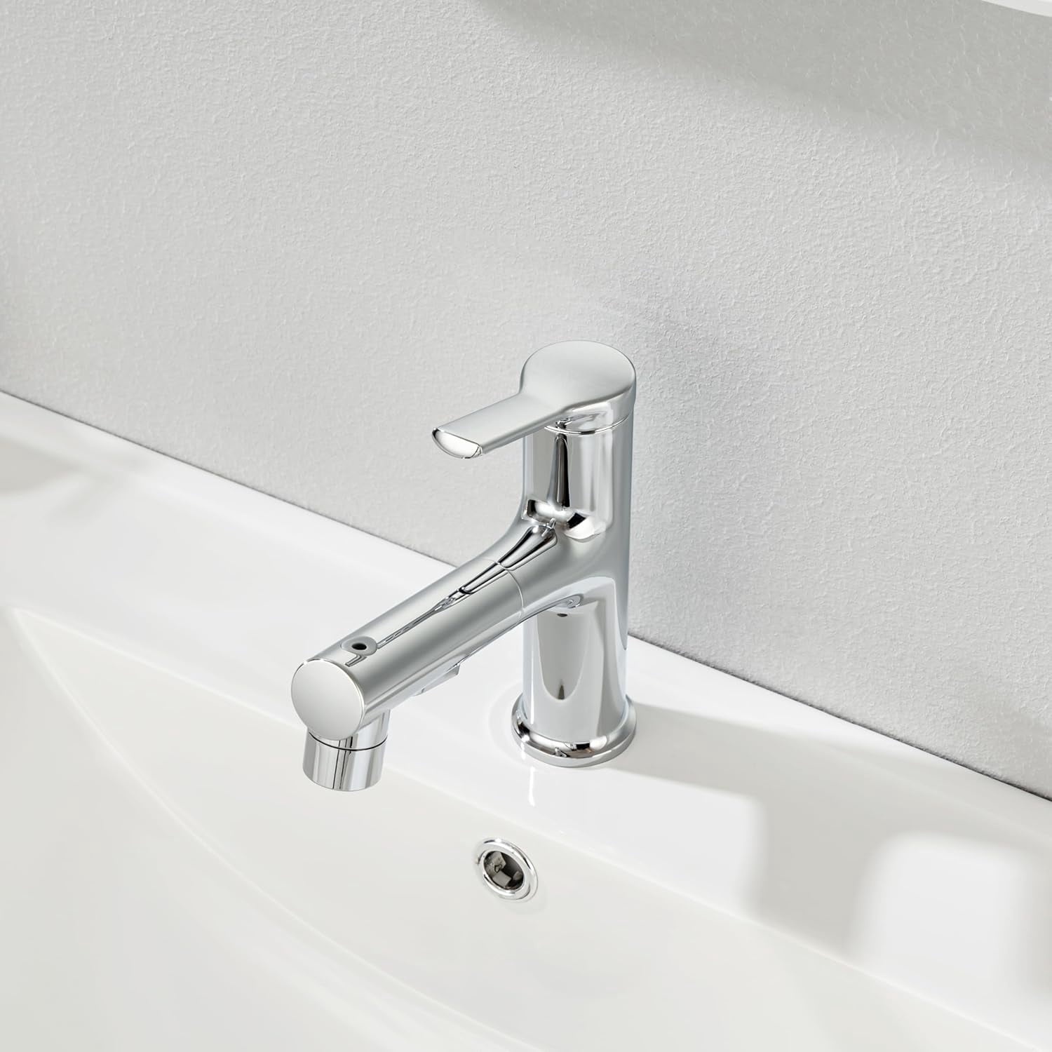 Single Hole Bathroom Faucet with Pull Out Sprayer, Dual Spray Modes, Solid Brass Polished Chrome Bathroom Faucet for Sink, Modern One Handle Bath Vanity Faucet with Face Basin Mixer Tap Visit The YI