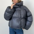 thumbnail image 3 of Cropped Puffer Jackets for Women Button Down Stand Collar Windproof Bubble Puffy Quilted Jacket with Hood Solid Oversized Short Down Coat Streetwear Fashion Winter Outerwear 2025, 3 of 7