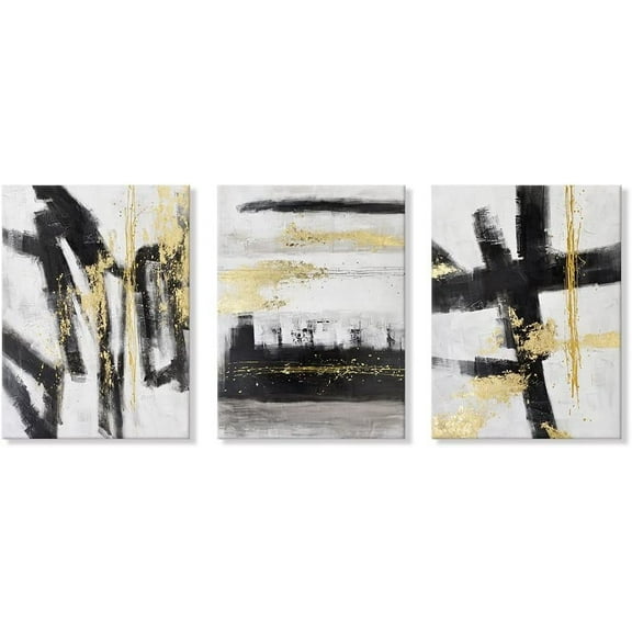 Hieng Black and White Abstract Canvas Wall Art 3 Piece Gold Painting Modern wall Decor Canvas Print Artwork for Living Room Office Bedroom Unframed