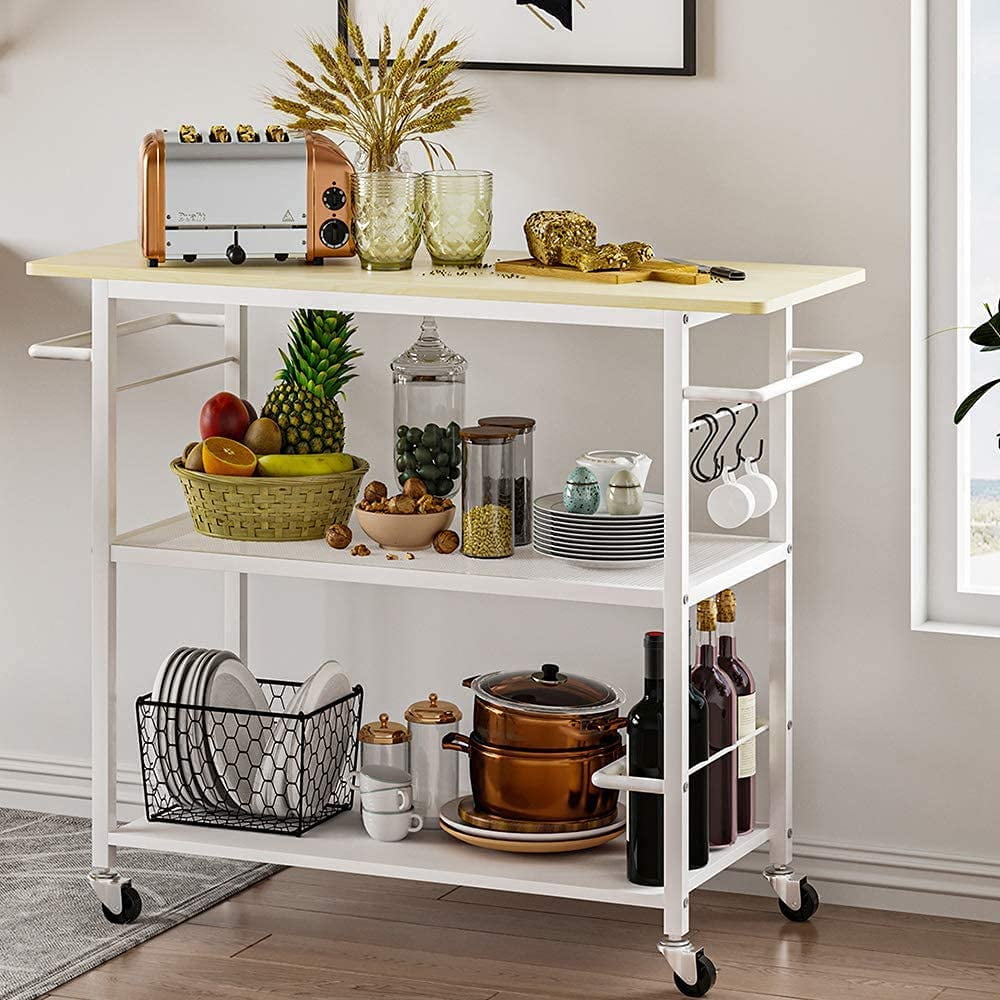 3 Tier Kitchen Cart Island on Wheels Microwave Stand with Open Shelves