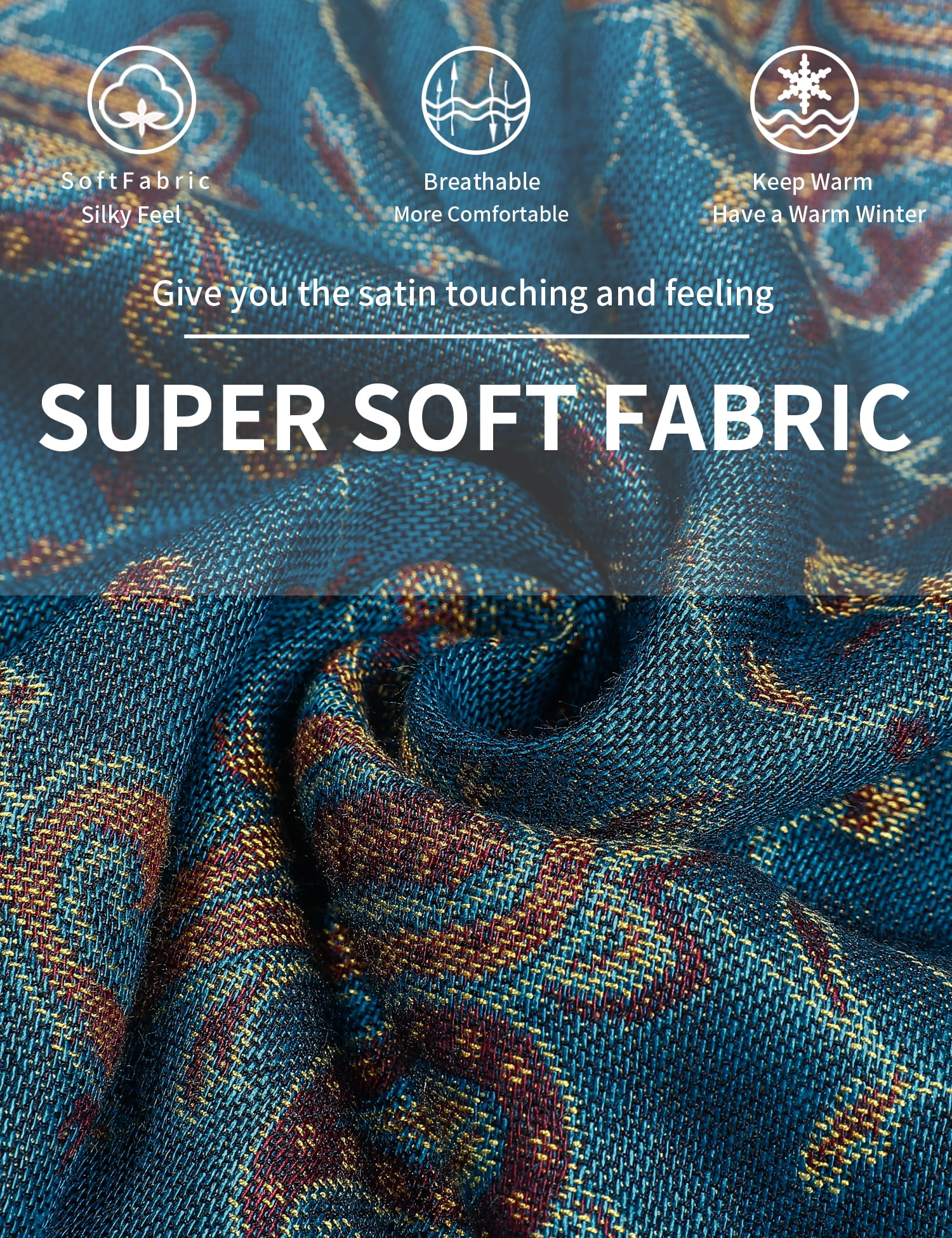 Pashmina Scarf Rave Women Scarves Luxury Paisley Shawl with Fringe Reversible Large Blanket Wrap 78.5" X27.5"(Peacock Blue)