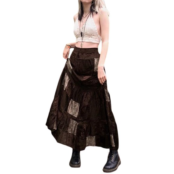 Lamuusaa Women Long Patchwork Skirt, Adults Vintage Elegant Flower Print Pleated Skirt (Brown)