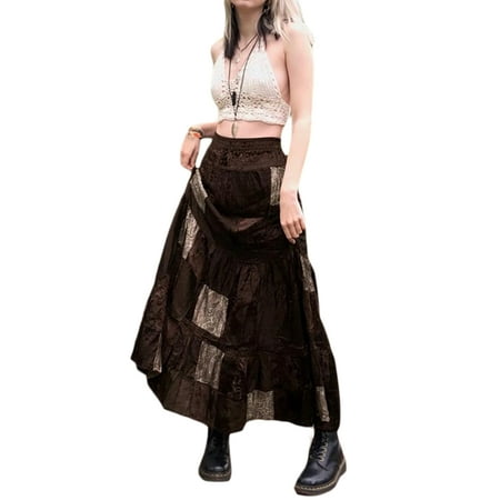 Eyicmarn Women Long Patchwork Skirt Elegant Flower Print Pleated Skirt