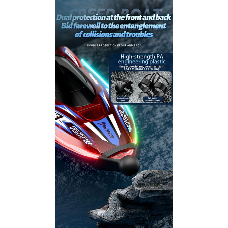 Mini High-Speed RC Boat Model with Multicolor Lights, Dual-Motor Impact-Resistant RC Ship, Gift for Enthusiast (Transparent Blue)