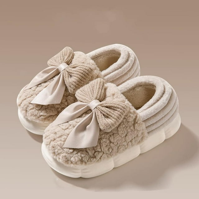 Xucatan Women's Plush Fuzzy Slippers with Bow, Non-Slip Indoor Outdoor House Shoes, Warm Cozy Winter Slippers for Women with Closed Back Gift