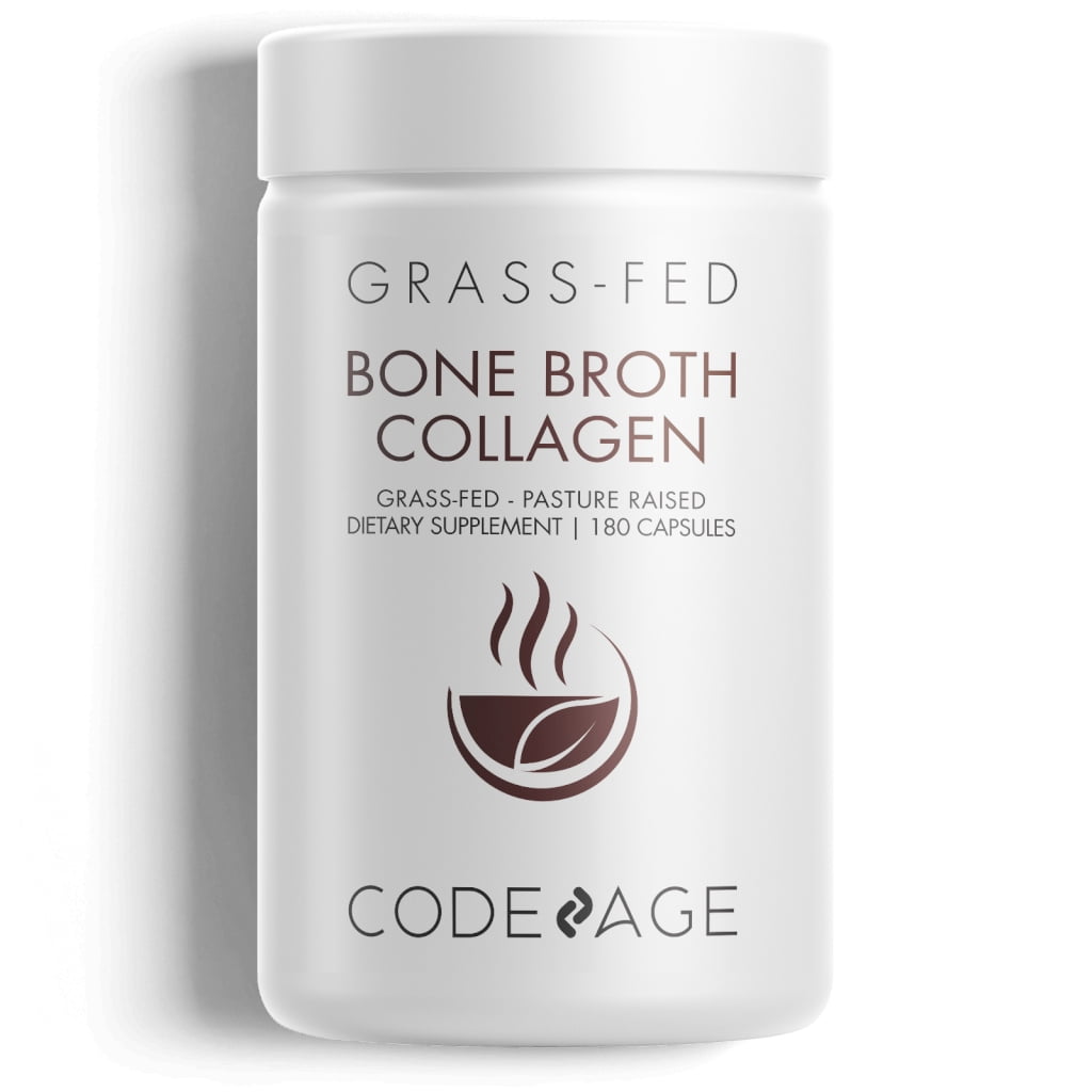 Codeage Grass-Fed Bone Broth Collagen Capsules Supplement, Type 1, 2, 3, Turmeric - 180 Count
