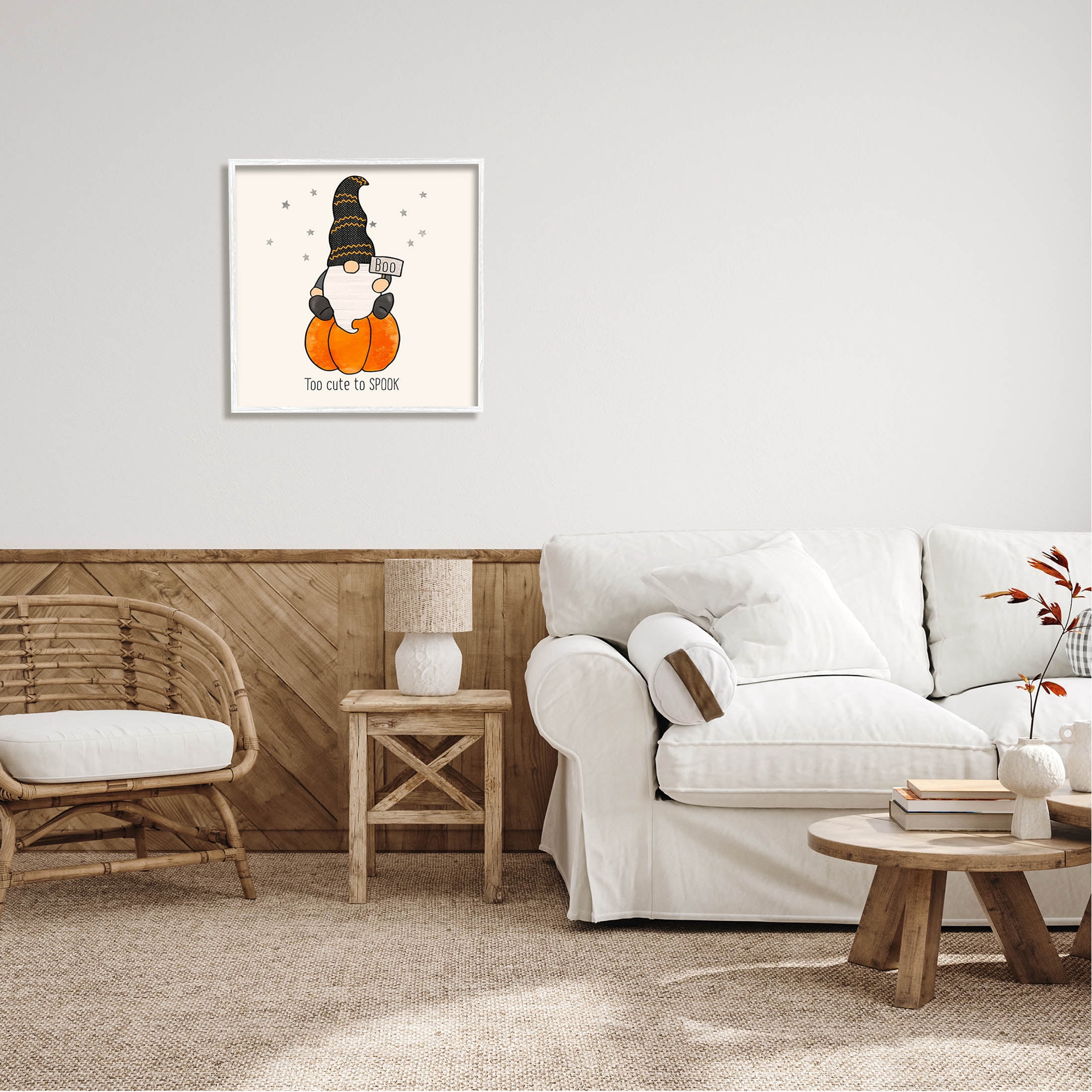 Too Cute To Spook Gnome Phrase Holiday Graphic Art White Framed Art Print Wall Art