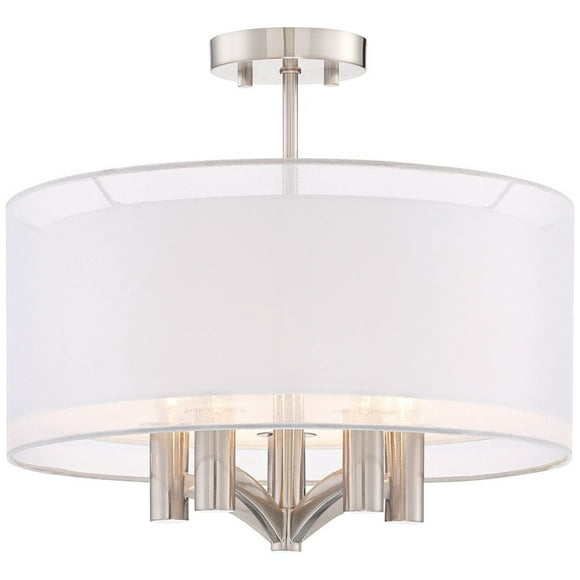 Possini Euro Design Caliari Modern Ceiling Light Semi Flush Mount Fixture Brushed Nickel 18"" Wide 5-Light Sheer Silver White Linen Double Drum Shade For Bedroom Kitchen Living Room Hallway Bathroom