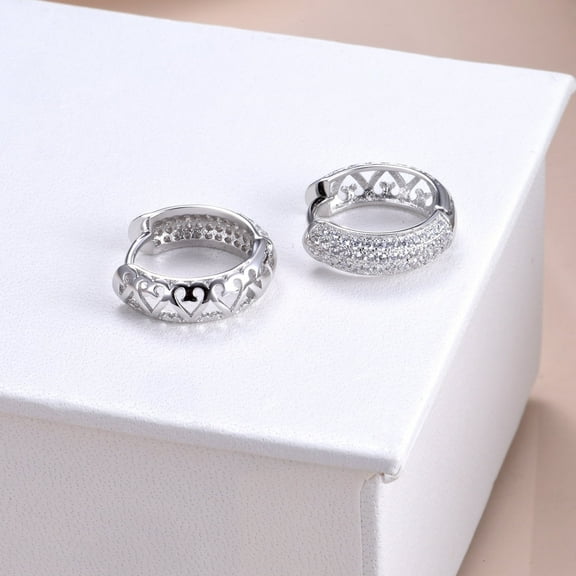 14K White Gold Plated Filigree Heart Huggie Earring with Crystals