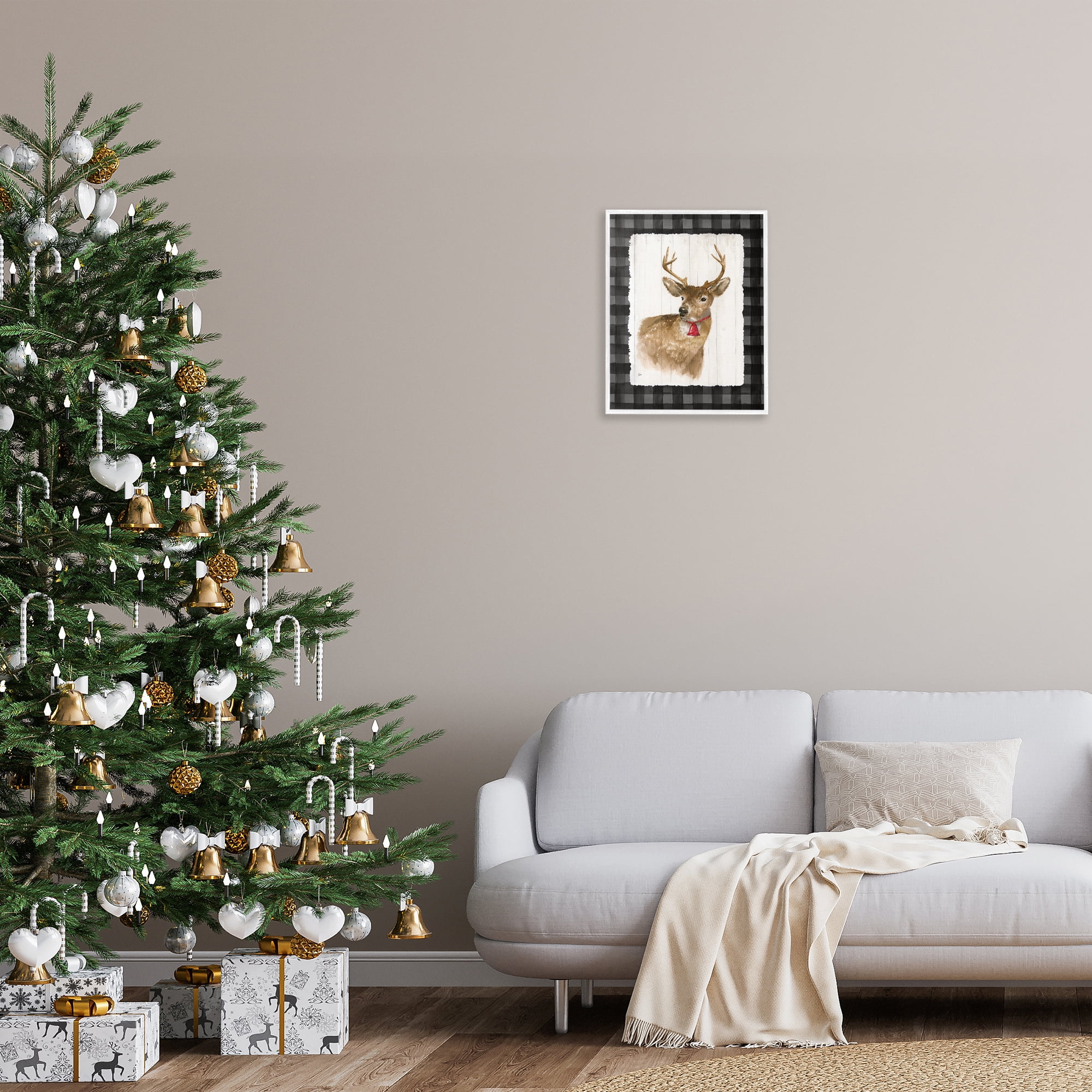 Stupell Industries Deer with Red Bell Animals & Insects Painting White Framed Art Prints Wall Art, 16 x 20