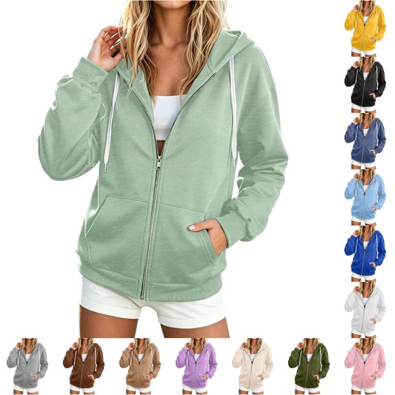 Bigetiay Women Hoodie Elegant High Neck Solid Color Zip up Hoodie for Fall — Cozy Casual Sweatshirt for Everyday Wear Hooded Sweatshirt Women Light Green Jacket, Size XXXL