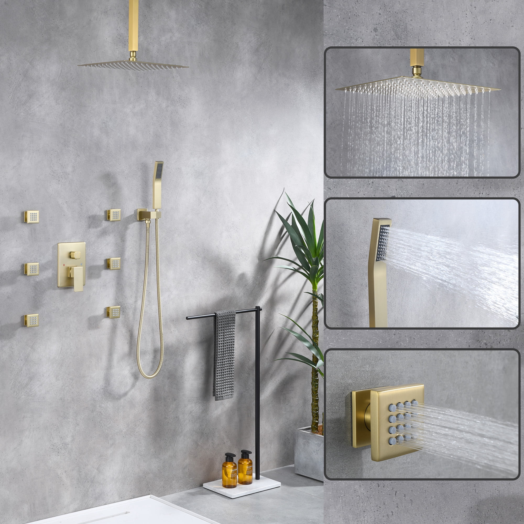 Shower Jets Rain Shower System with 12'' Ceiling Shower & Hand Shower, Brushed Gold Overhead Full Body Shower System with Body Shower Spray Jets Rain Shower Set