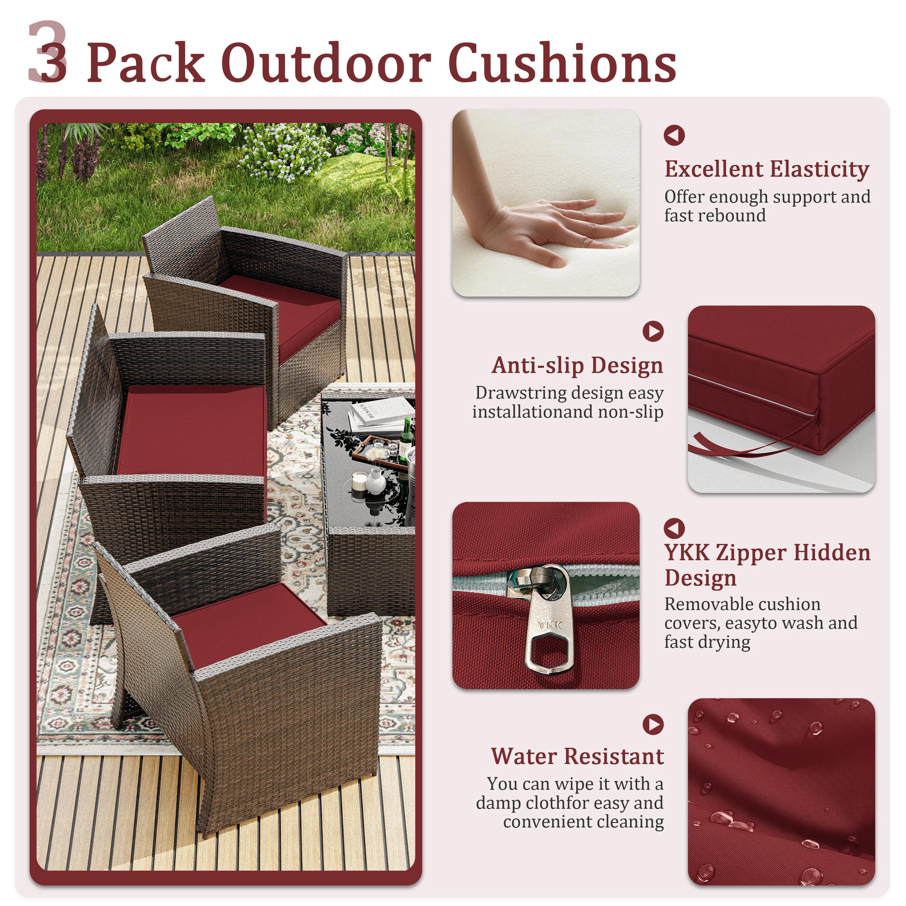 Snubbull 3 Pack Outdoor Replacement Cushions for 4-Seater Wicker Rattan Loveseat Sofa Chair Patio Furniture, 36 x 18 x 3,18 x 18 x 3, Burgundy