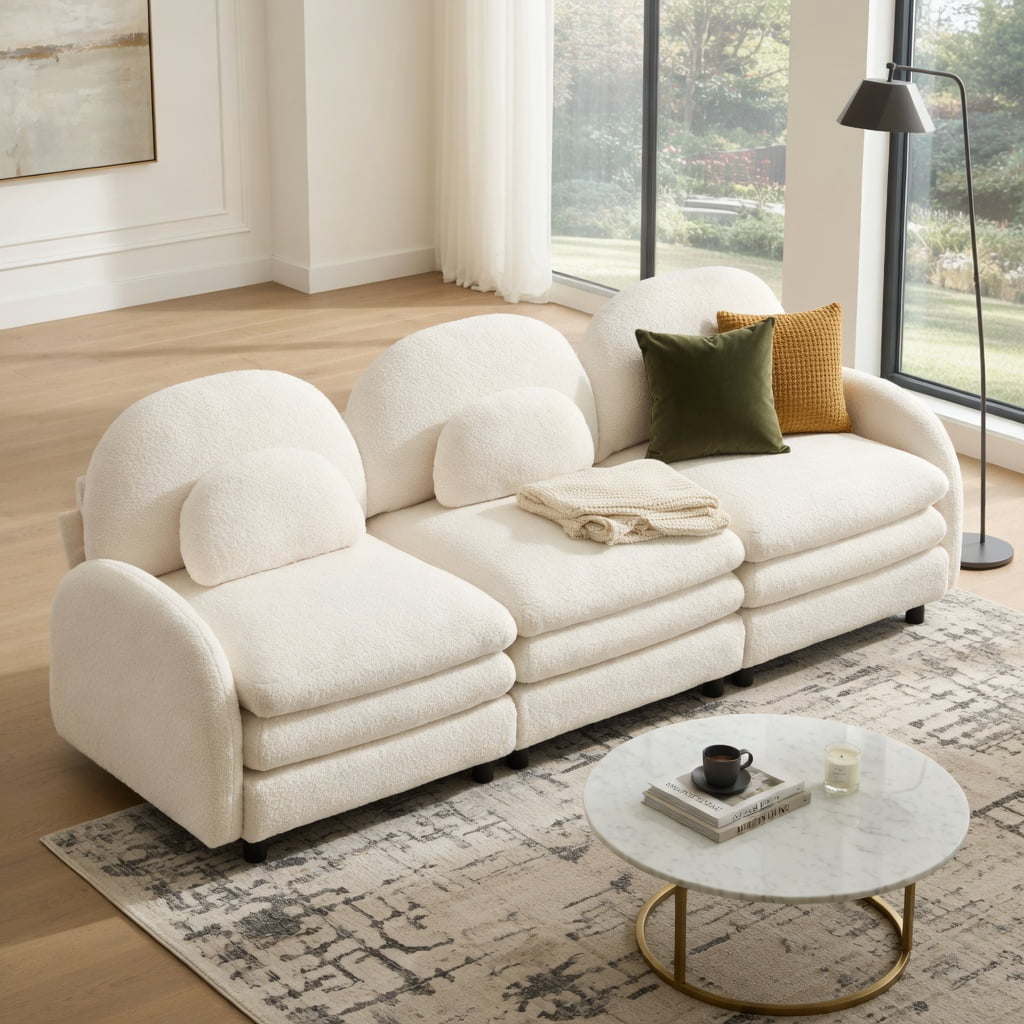 Hommoo Teddy Fleece 3-Seat Modular Sofa Set, Cloud-Like Softness, Curved Backrest & Lumbar Support, 3-Seater Couch with Double-Layer Cushions, Beige