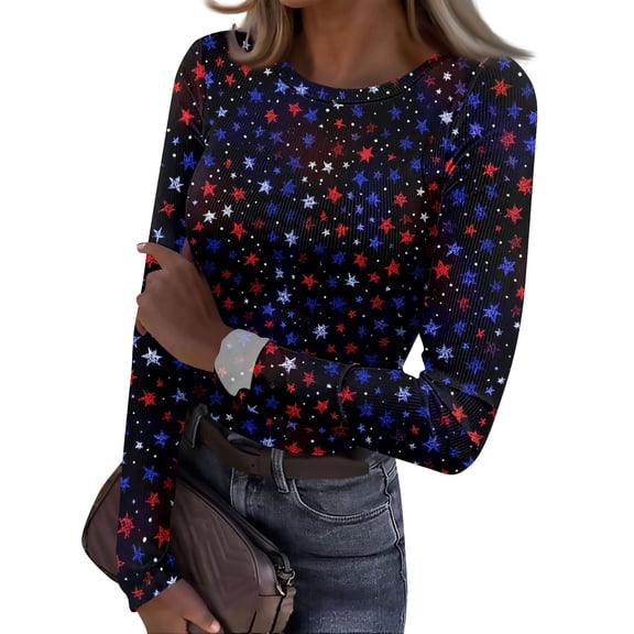 Women's Casual Fashion Round Neck Independence Day Print Long Sleeve Ribbed Top Black L