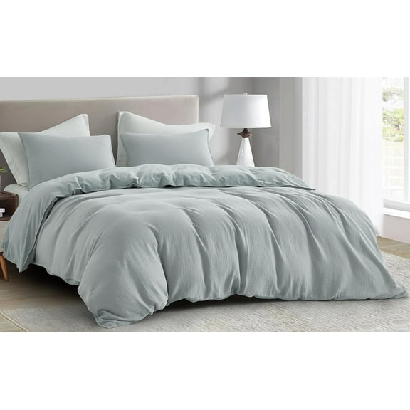 Chezmoi Collection Breeze 3-Piece Cotton Gauze King Duvet Cover Set, Light Blue-Gray Soft Washed Cotton Linen Like Textured Breathable Comforter Cover with Button Closure