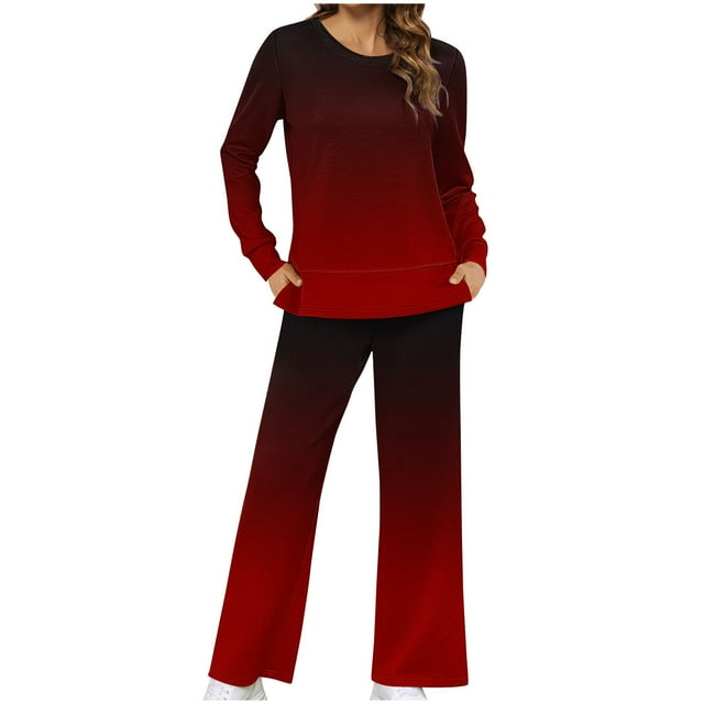 Hvobtty Ensemble Décontracté pour Femmes Manches Longues Col Rond, Mode Féminine Impression Non Positionnée Col Rond Manches Longues Pantalon Fendu sur le Côté