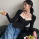thumbnail image 4 of Suéter de punto vintage MEXZT para mujer, jerséis cortos con cuello cuadrado, prendas de punto elegantes y ajustadas de estilo coreano, jerséis sencillos con retazos, 4 of 5