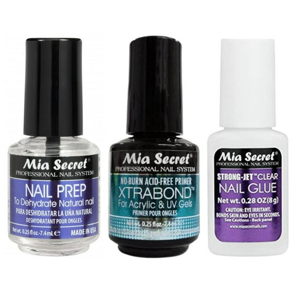 Mia Secret Nail Prep 0.25 oz,MINI Xtrabond Primer 0.25 oz,Strong-Jet Clear Nail Glue Brush-On Glue 8g - Combo Pack