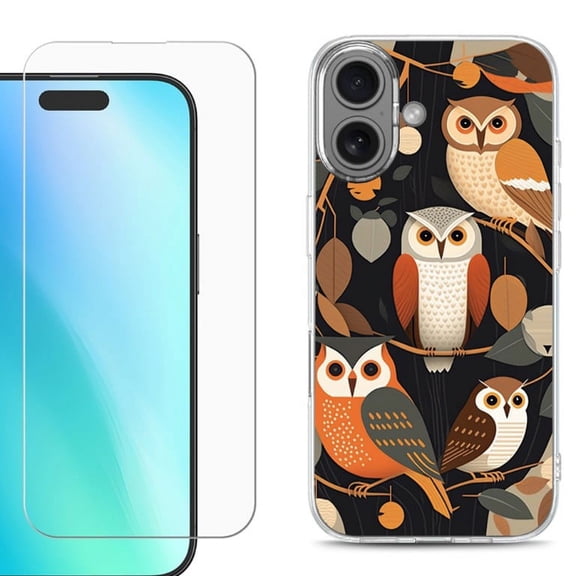 For iphone 16 Plus Phone Case Cover, Shockproof Case with Tempered Glass Screen Protector, by OneToughShield - Owl Mix