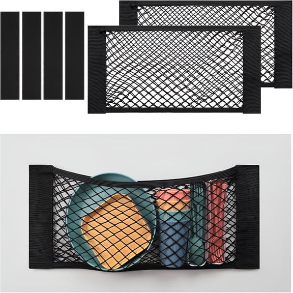 LAMIRO 2Pcs 25X60Cm / 9.8X23.6In Car Storage Net Bag with Tape Stickers,Adhesive Mesh Pocket Net String Pouch Bag,Stretchable Rv Storage Netting,Wall Sticker Organizer Pouch Bag for Home Storage
