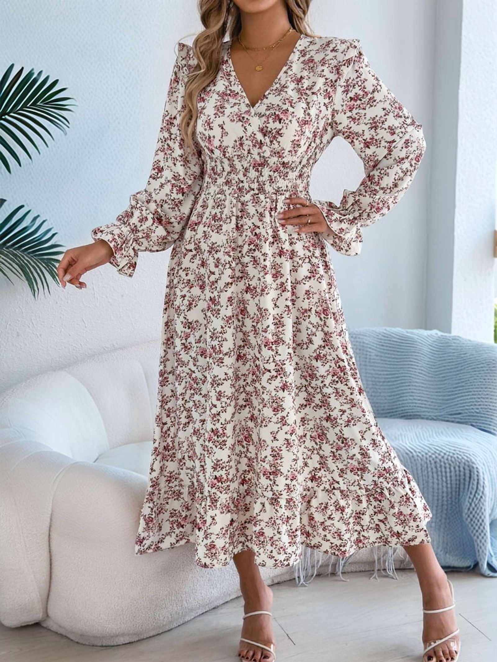 Women'S Long Sleeve Floral Print V-Neck Ruffle Hem Maxi Dress Shirred Waist White S
