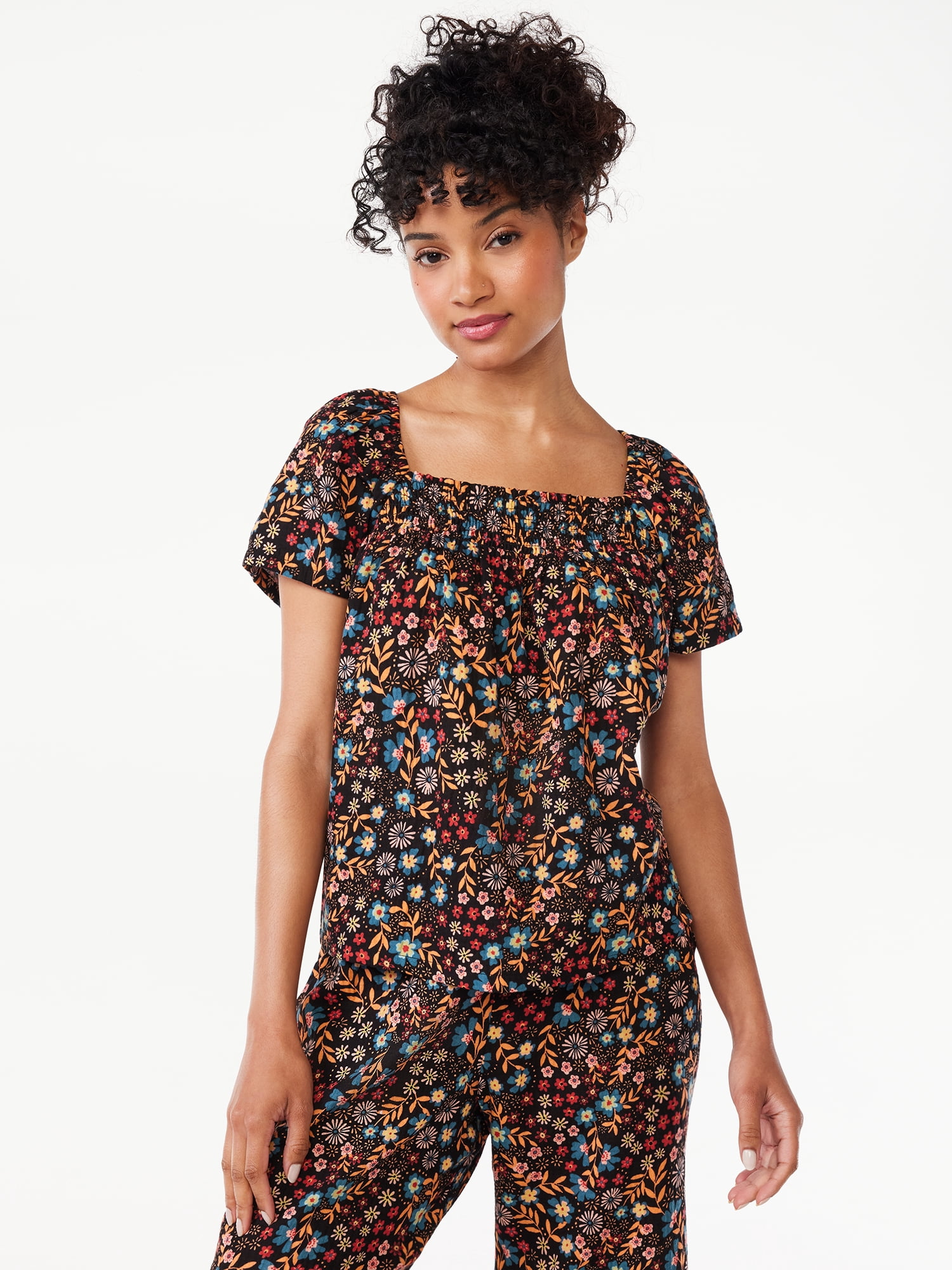 Joyspun Women's Smocked Gauze Sleep Top, Sizes S to 3X