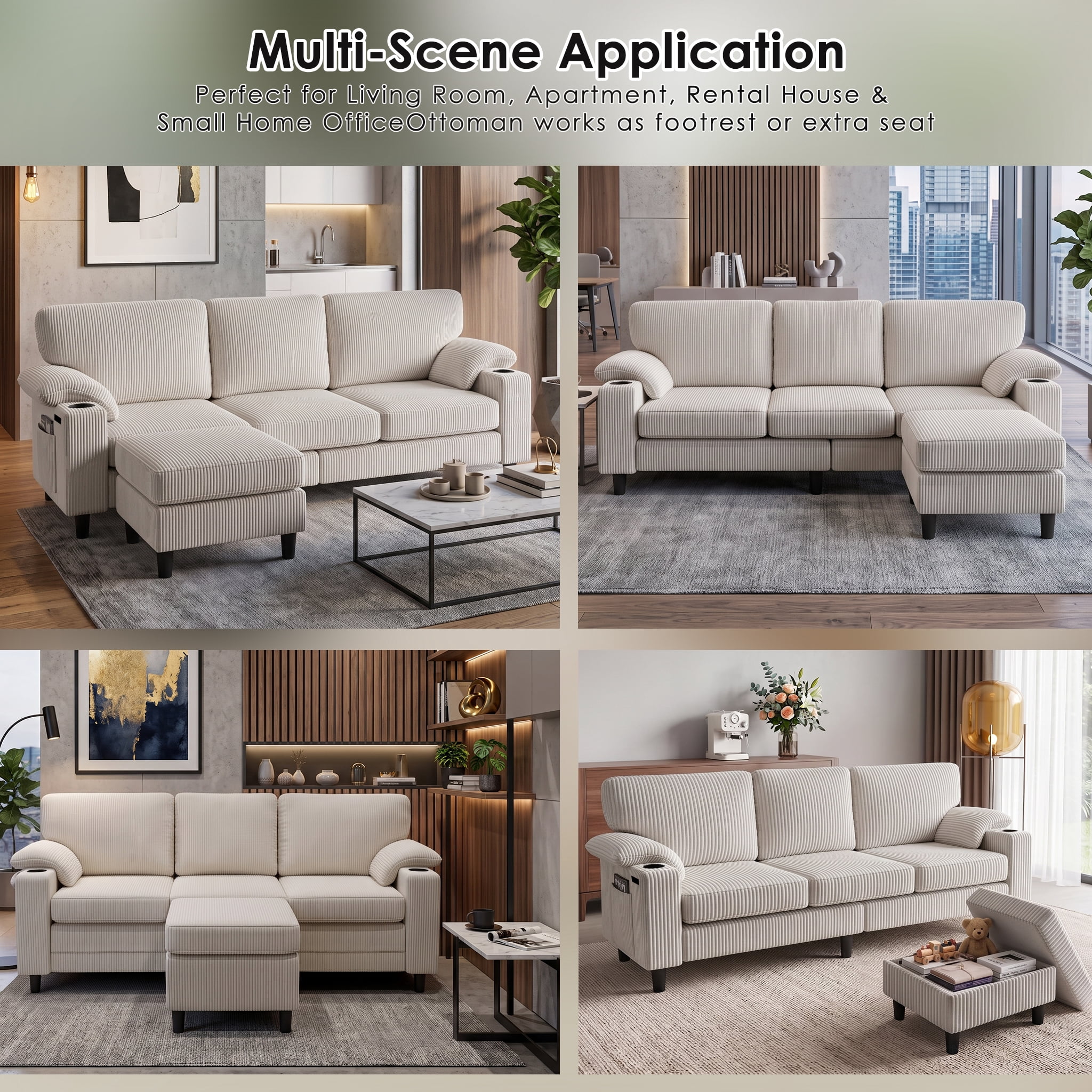 Anpport 80" L‑Shaped Corduroy Sectional Sofa, 3‑Seater Couch with Storage Ottoman, USB Port & Cup Holders for Small Spaces, Beige