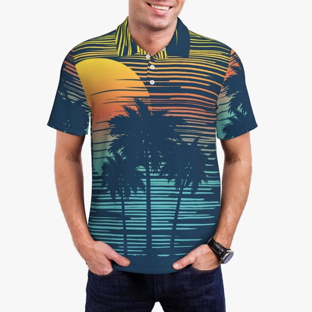 Fotbe Palm Trees Camiseta Polo de Golf para Hombre con Estampado – Camisa Deportiva Transpirable con Cuello Abotonado-X-Large
