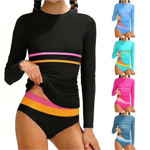 OSOLU Girls Rash Guard Swimsuit Long Sleeve 2 Piece Tankini Sets Color Block Striped Summer Kids Girl Bathing Suit 7-16Y Trendy Beachwear