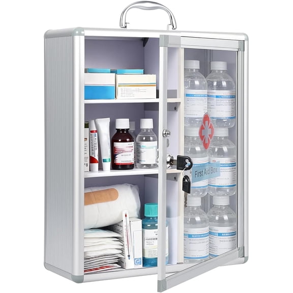 Large Lockable Medicine Cabinet - Wall Mounted First Aid Storage Cabinet with Handle and Labels - Silver